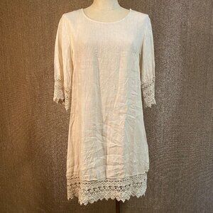 Stella Rosa Pure Linen Ecru Shift Dress w/Lace Edged Sleeves & Hem sz: XS-M